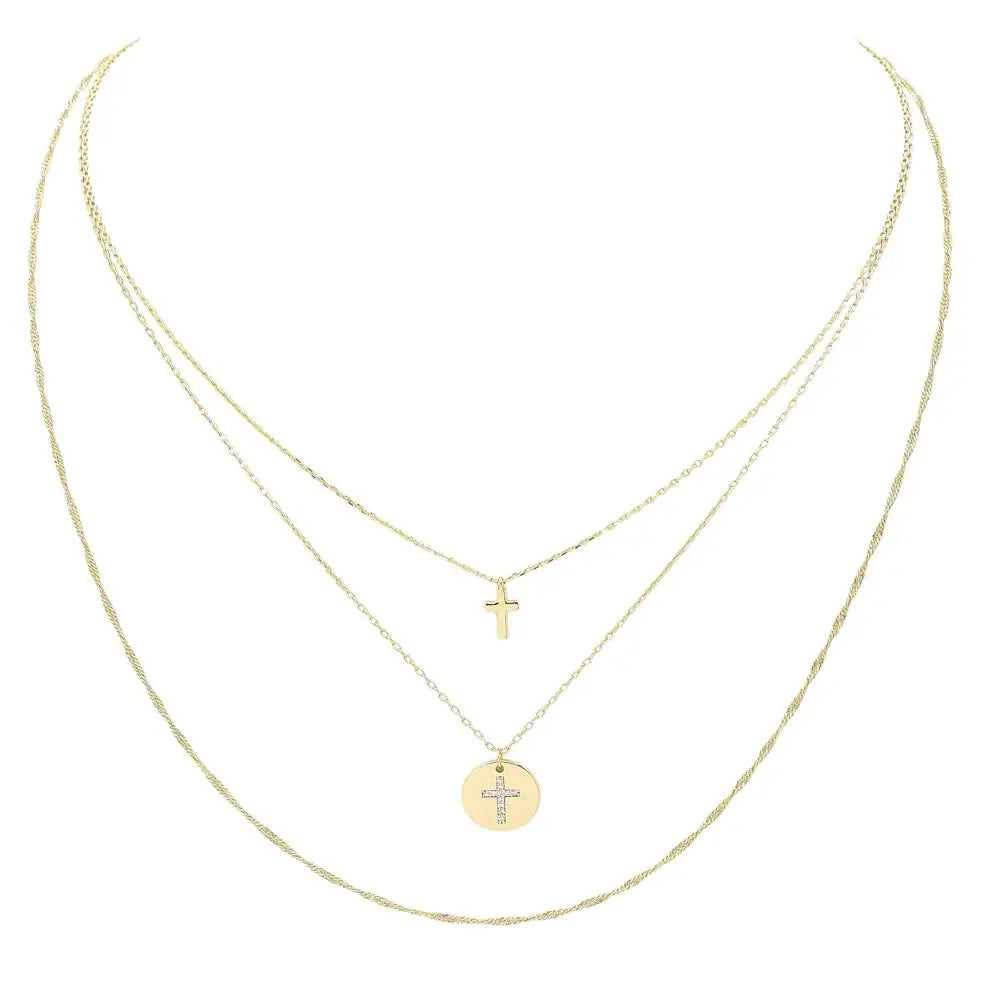 Three Layered Thin Chain Cross Charm Necklace