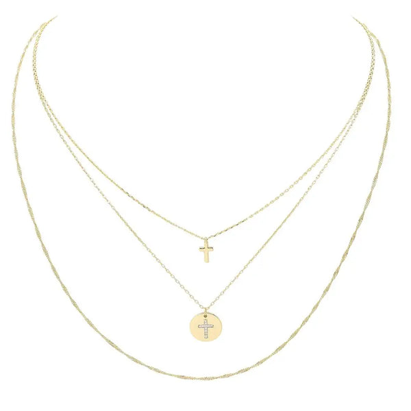 Three Layered Thin Chain Cross Charm Necklace