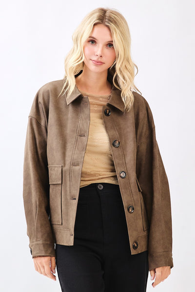 Faux Leather Button Front Jacket