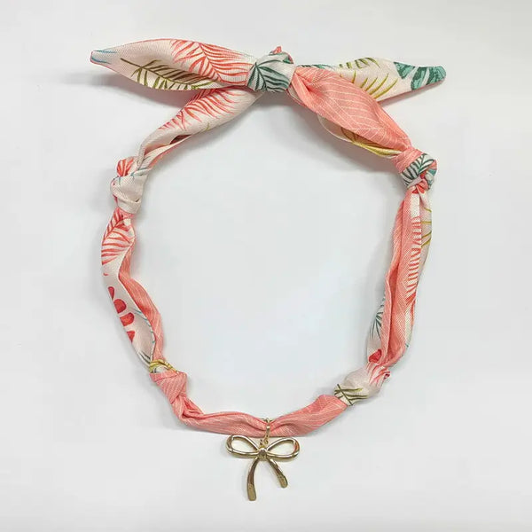 Scarf Necklace Hot Pink/White with Gold Bow
