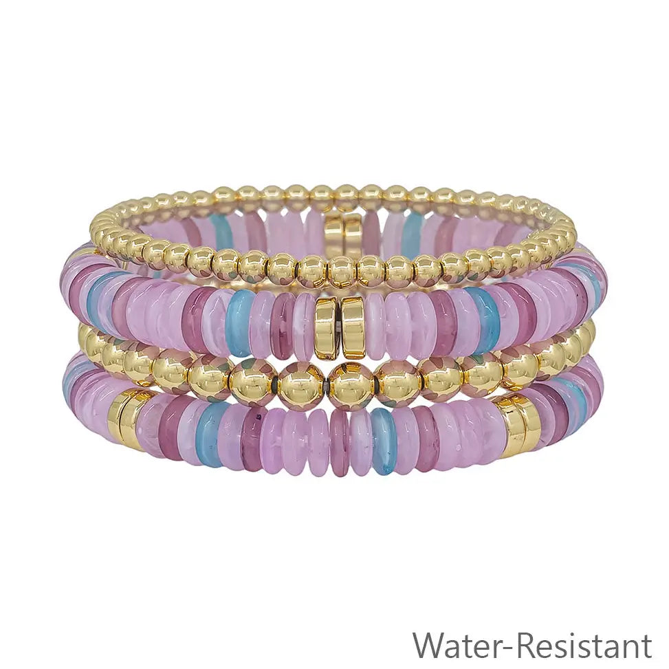 Water Resistant Lavender Multi and Gold Beaded Set of 4 Stretch Bracelets