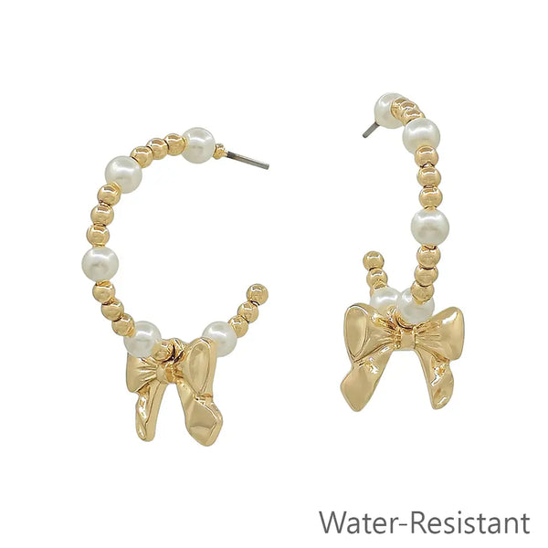 Water Resistant Pearl w/ Bow 1" Hoop Earring