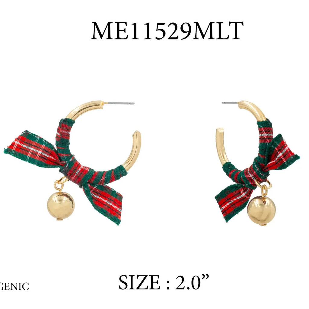 Christmas Gold Hoop w/ Red & Green Ribbon 2" Earrings