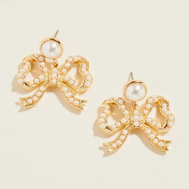 Ribbon Bow Pearl Post Earrings