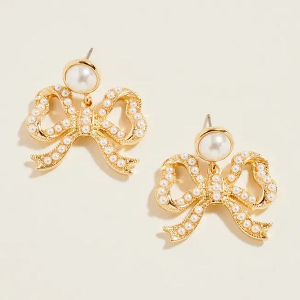 Ribbon Bow Pearl Post Earrings