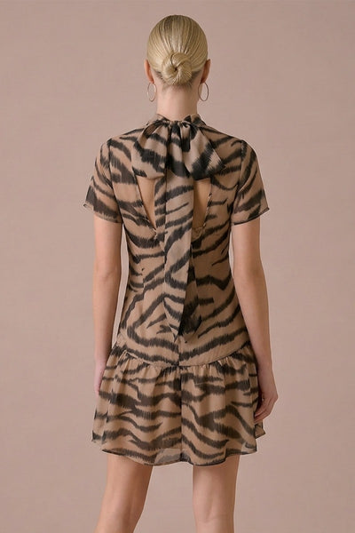 Print Organza Mock Neck Mini Dress
