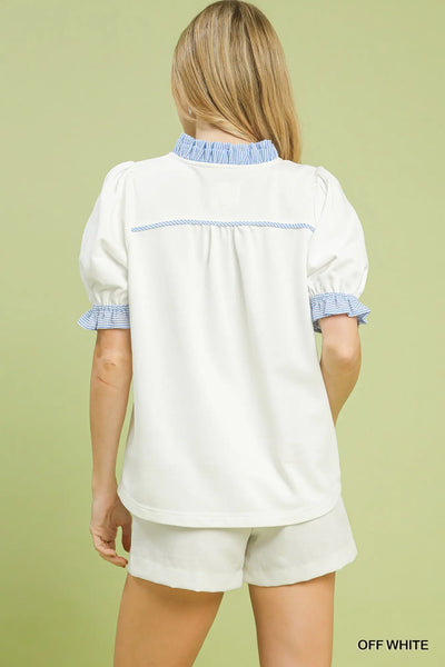 French Terry Ruffle Trim Puff Sleeve Top