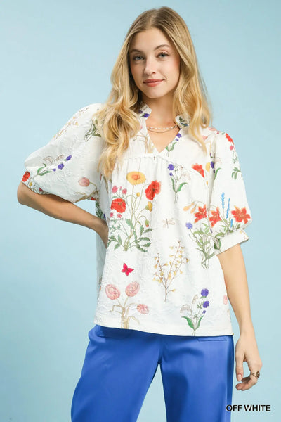 Jacquard Print Puff Sleeve Top