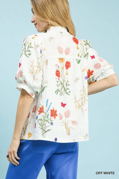 Jacquard Print Puff Sleeve Top