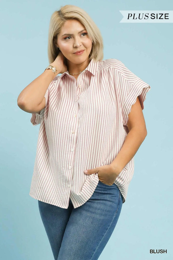 Striped Button-Down Top with Scallop Sleeves