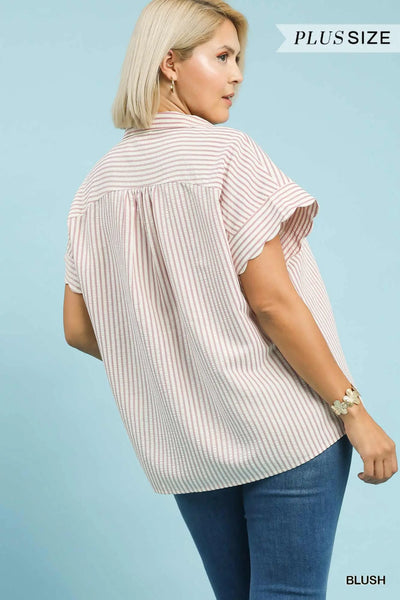 Striped Button-Down Top with Scallop Sleeves