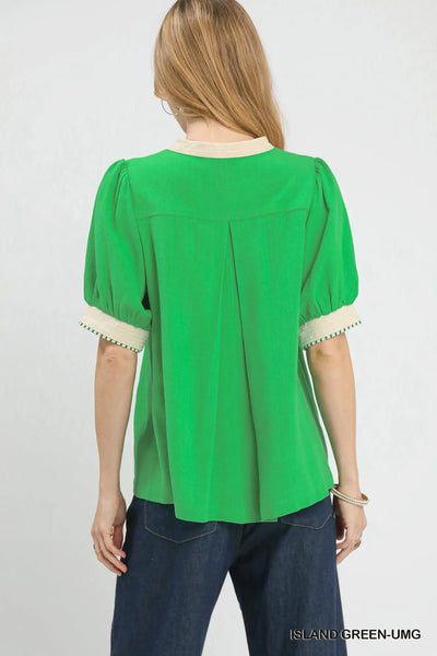 Linen Blend Contrast Trim Top