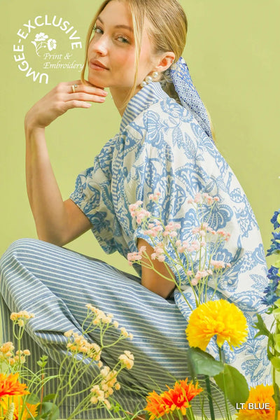 Botanical Print Mixed Trim Tunic Top