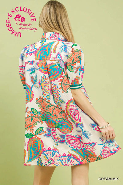 Jacquard Paisley Print Puff Sleeve Tunic Dress