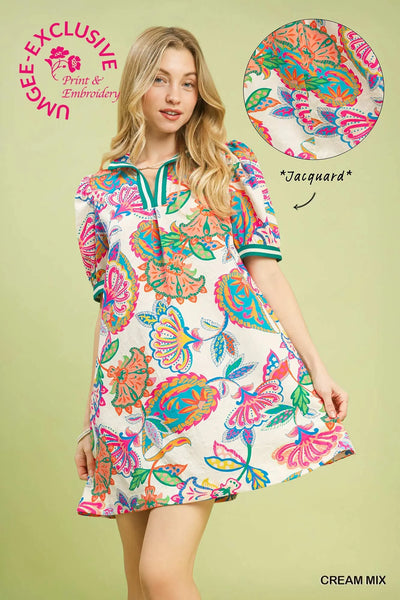 Jacquard Paisley Print Puff Sleeve Tunic Dress