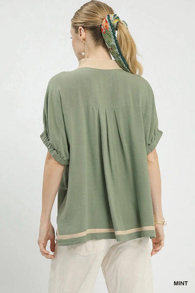 Linen Contrast Trim V-Neck Blouse