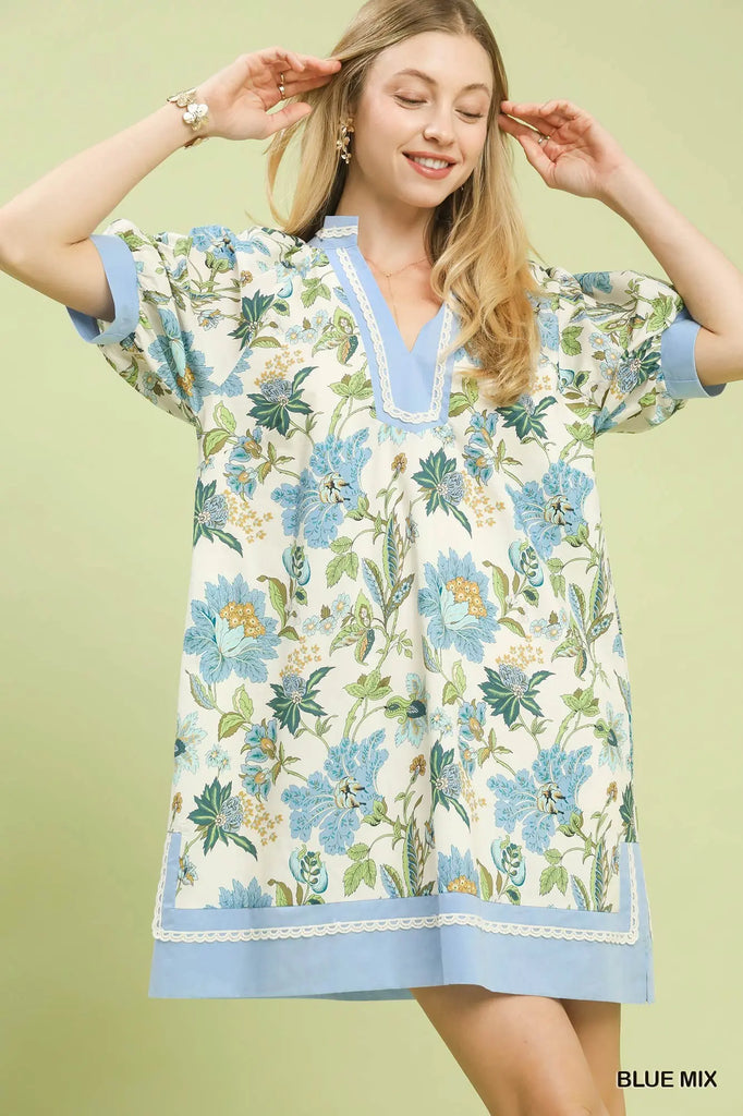 Floral Print Tunic Dress with Contrast Trim