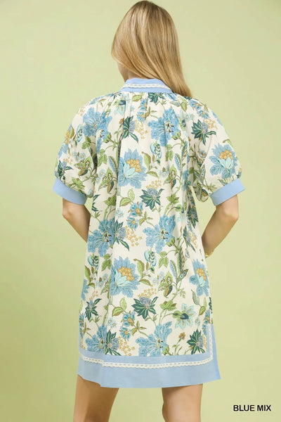 Floral Print Tunic Dress with Contrast Trim
