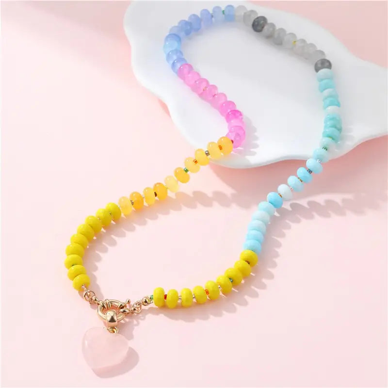 Natural Stone Rose Quartz Glass Mixed Necklace