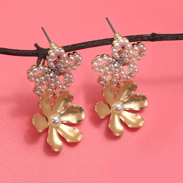 Pearl Flower Matte Gold Drop Earrings