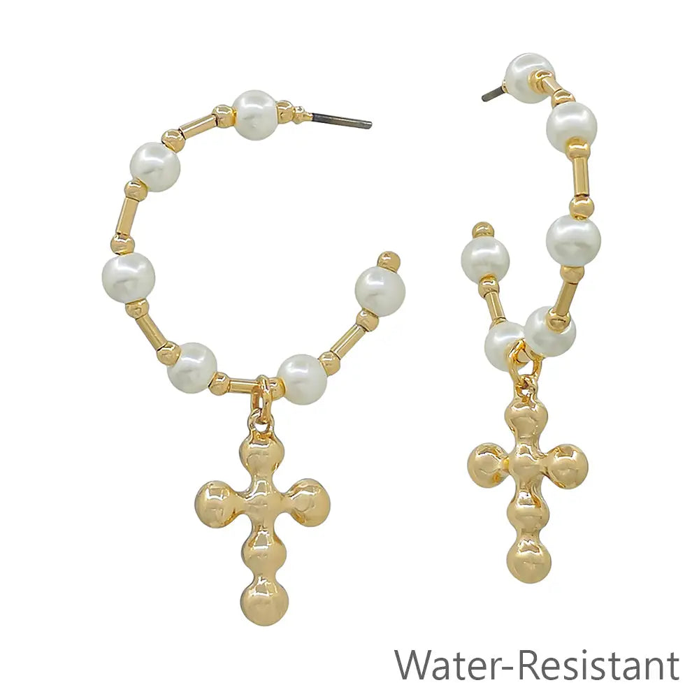 Pearl Beaded Hoop Earrings with Cross Drop