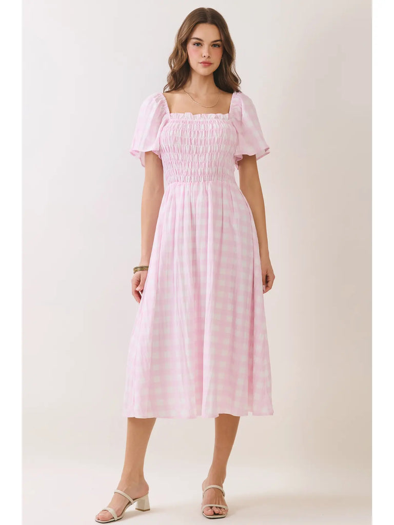Gingham Smocked Puff Sleeve Midi Dress