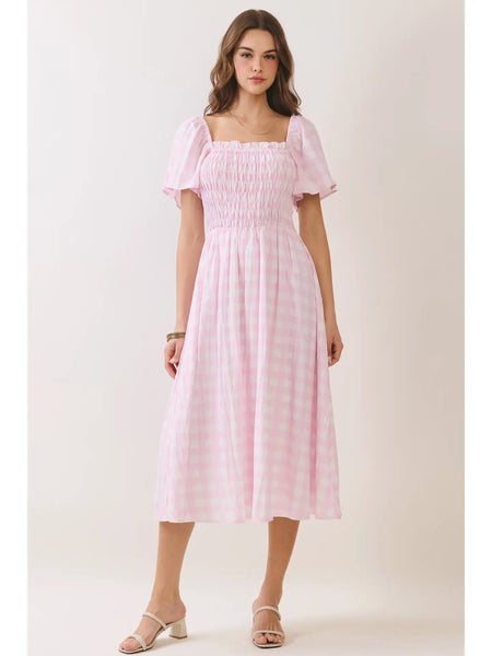 Gingham Smocked Puff Sleeve Midi Dress