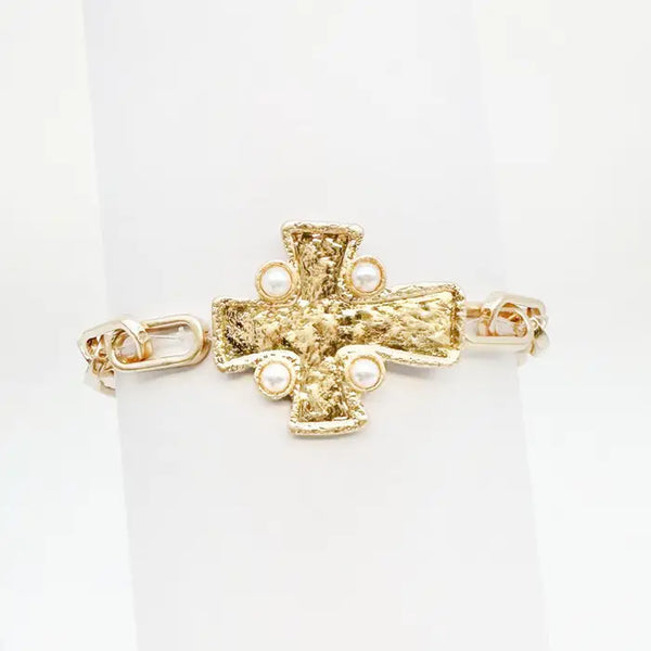 Gold Cross Chain Stretch Bracelet with Pearls