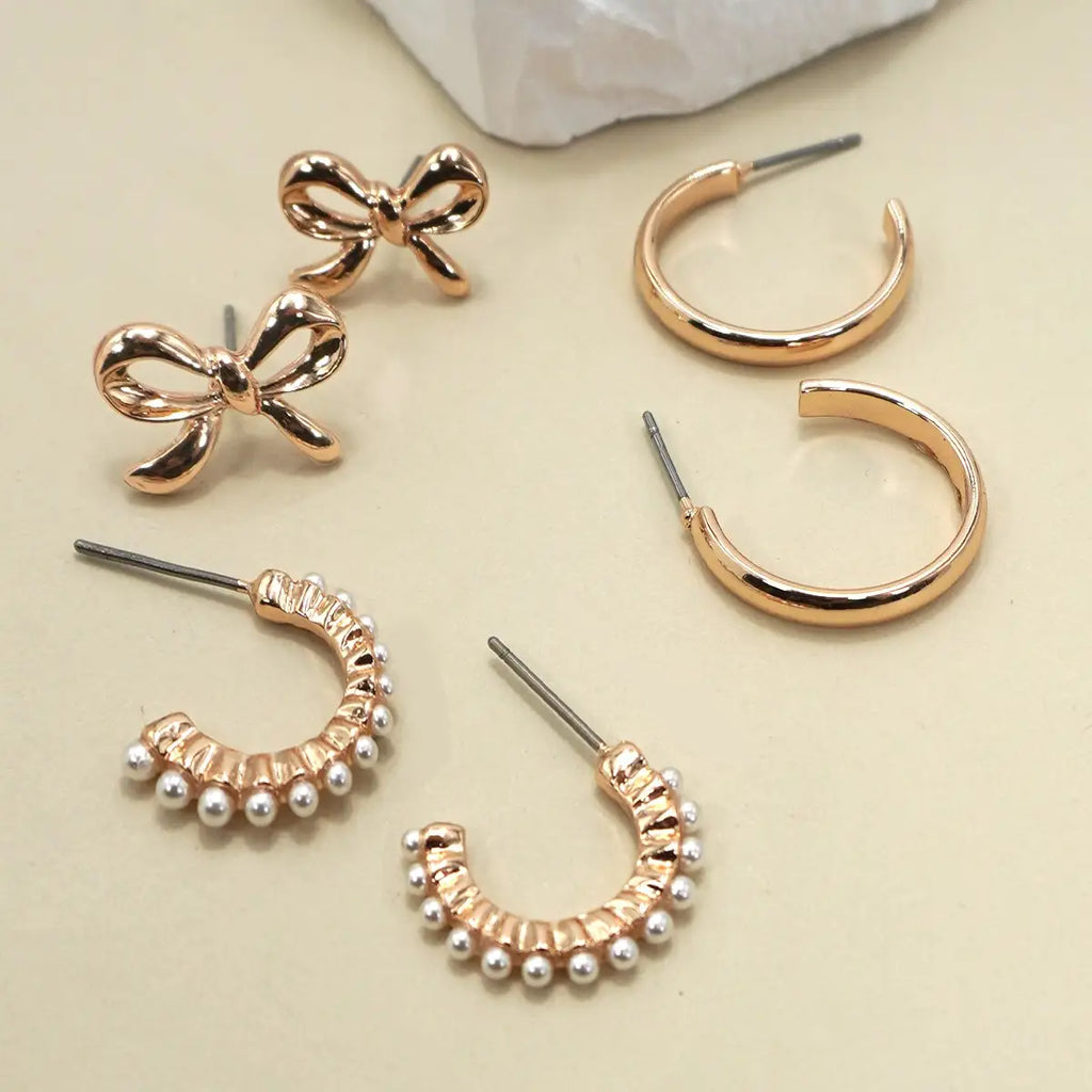Bow Pearl Studded Gold Hoop Trio Earrings