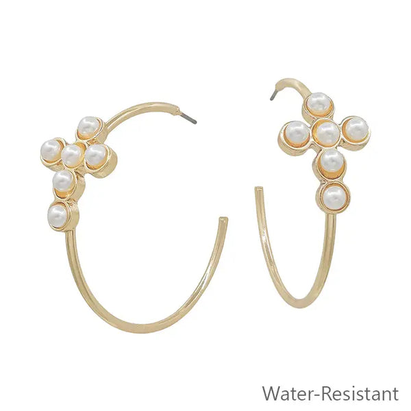 Water Resistant Gold Hoop w/ Pearl Beaded Cross 1.5" Earring