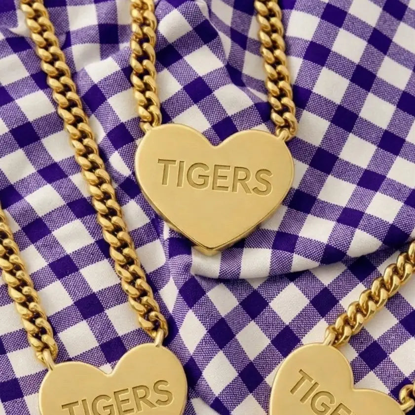 Tigers Engraved Gold Heart Necklace