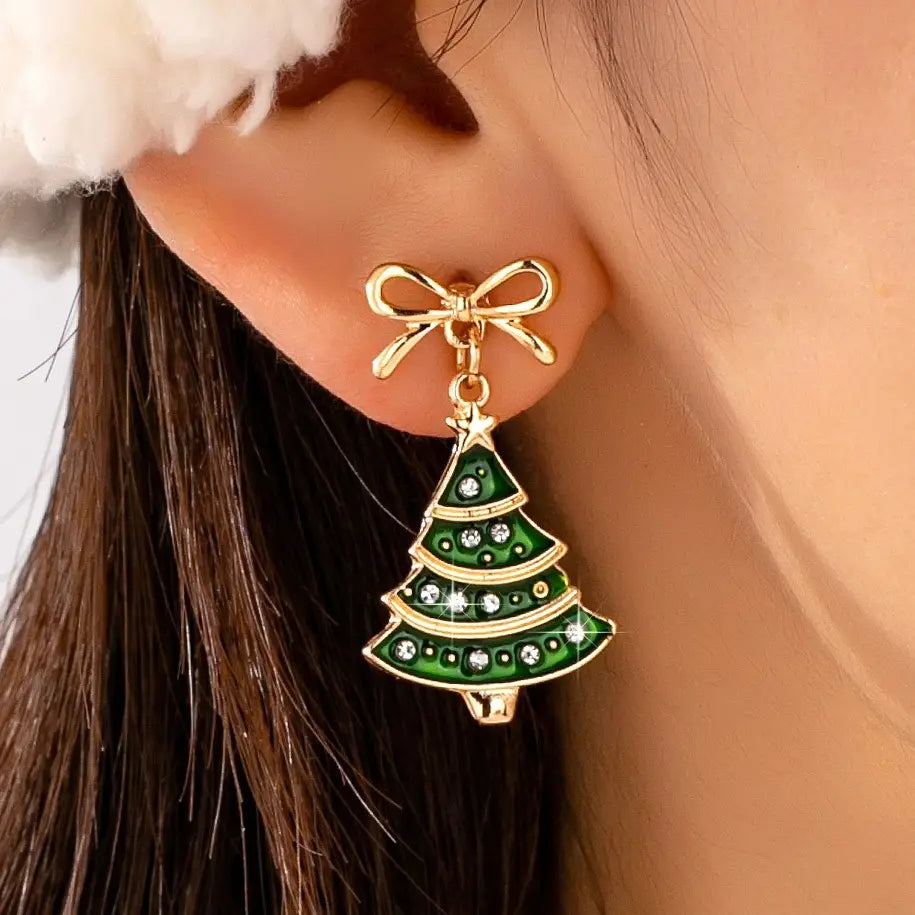 Christmas Tree & Bow Dangle Earrings