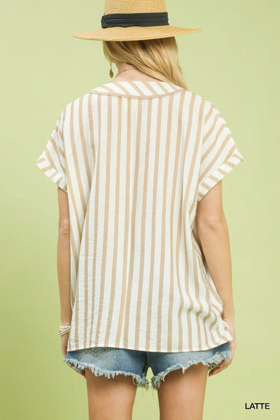 Mixed Stripe Split Neck Oversized Top
