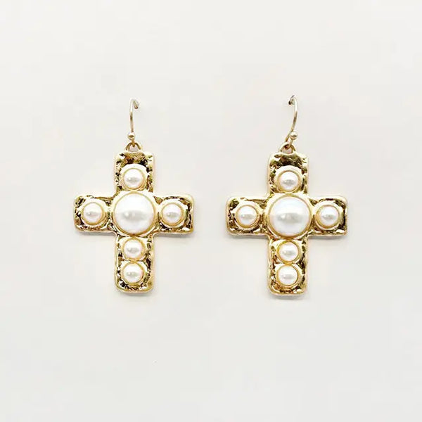 Gold 1.5" Cross w/ Pearl Beaded Accents Earring