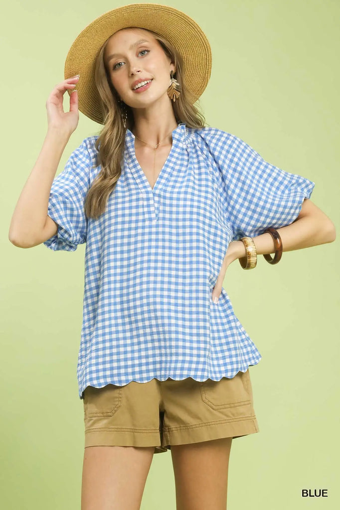 Gingham Bubble Sleeve V-Neck Top