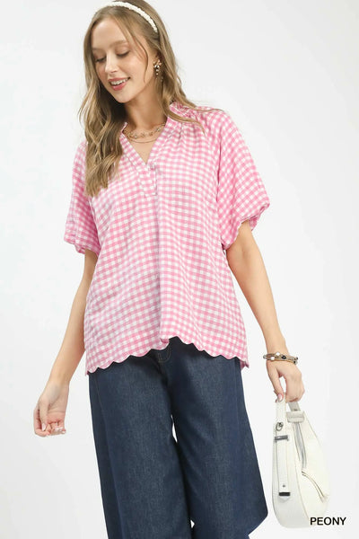 Gingham Bubble Sleeve V-Neck Top