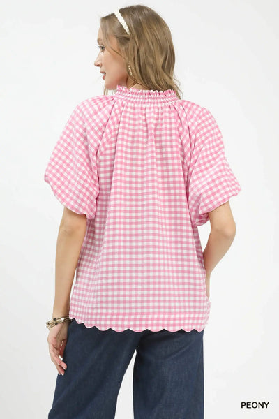 Gingham Bubble Sleeve V-Neck Top