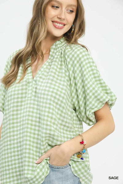 Gingham Bubble Sleeve V-Neck Top