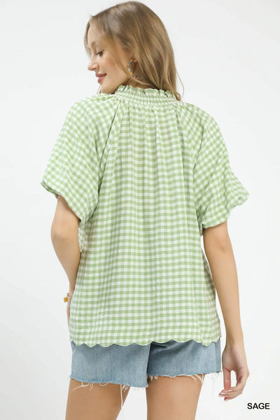 Gingham Bubble Sleeve V-Neck Top