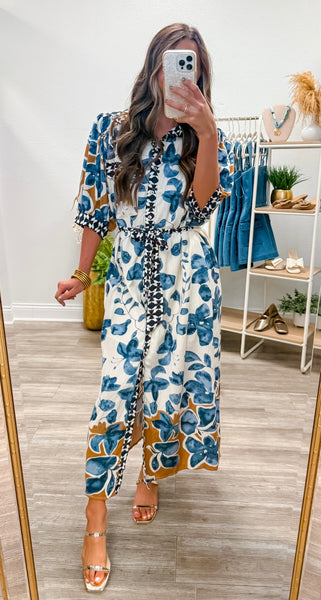 Botanical Print ¾ Sleeve Midi Shirt Dress