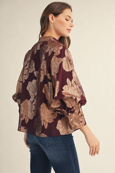 Button Down Sheer Metallic Burnout Top