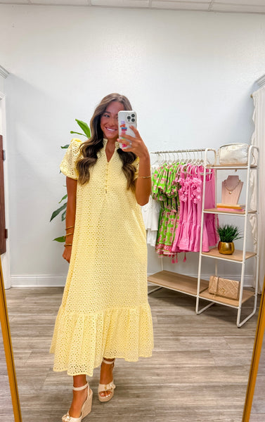 Lemon Eyelet Short Puff Sleeve Midi Dress