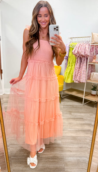 Smocked Mesh Midi Dress