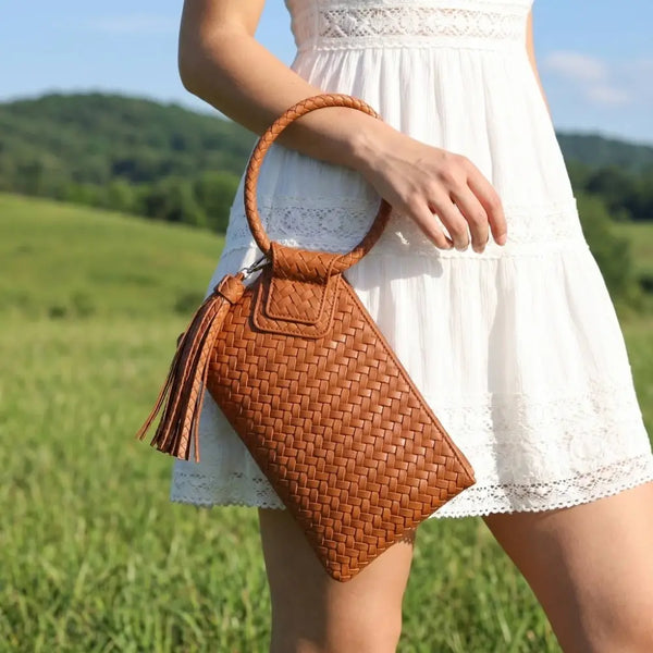 Faux Leather Woven Fringe Cuff Handle Clutch Bag