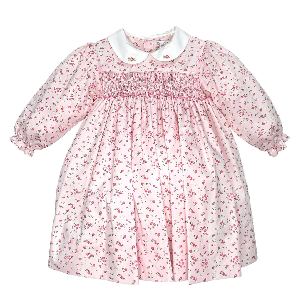 Pink Floral Print Dress w/ Corded Smocking