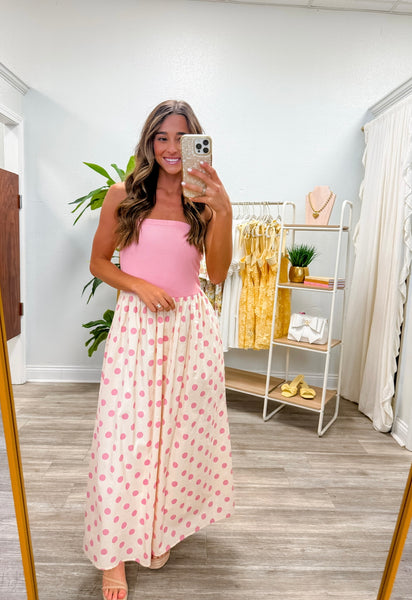 Strapless Polka Dot Tube Midi Dress