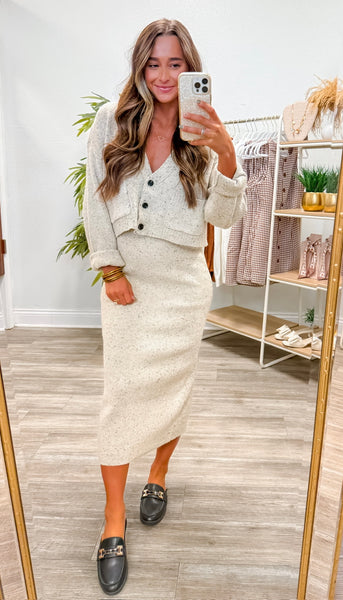 Long Sleeve V-Neck Cardigan & Skirt Set