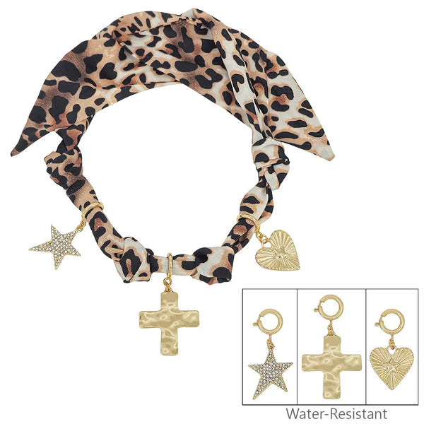 Cheetah Print Scarf Necklace with Heart, Cross, & Star Charms