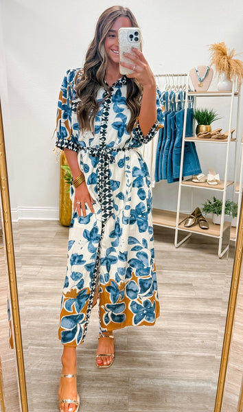 Botanical Print ¾ Sleeve Midi Shirt Dress