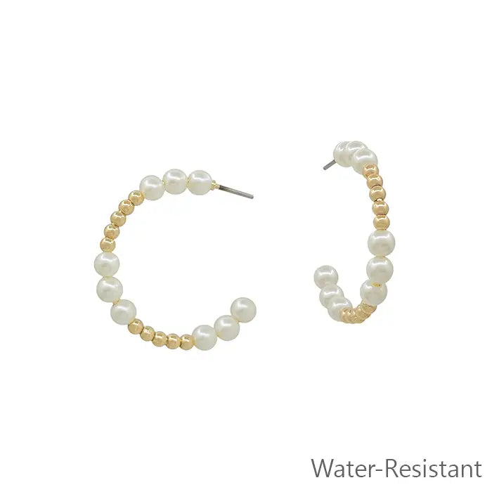 Gold Beaded and Pearl Beaded `1" Hoop Earrings